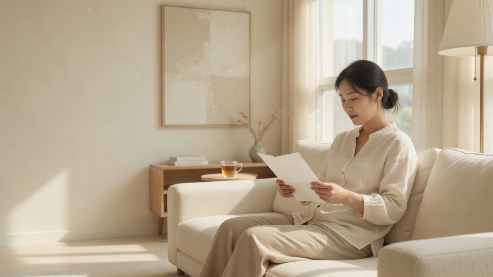 창가에서 리포트를 읽는 장면